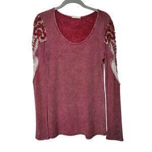 BKE Gimmick Y2K Red Sheer Mesh Lace Sleeve Long Sleeve Shirt Scoop Neck